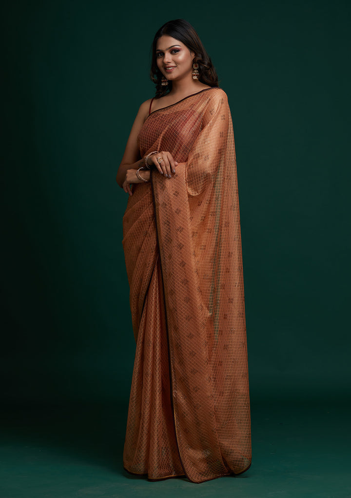 Peach Swarovski Net Saree - Koskii