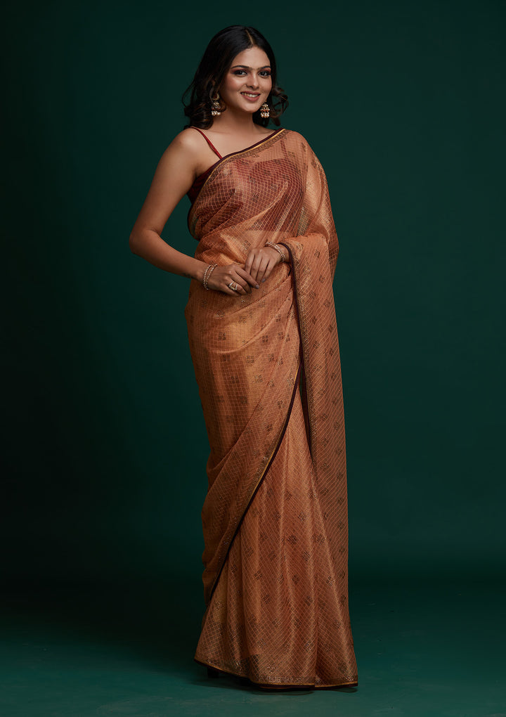Peach Swarovski Net Saree - Koskii