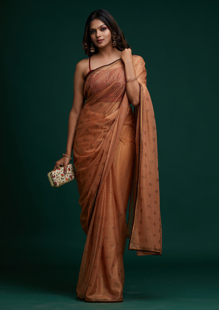 Peach Swarovski Net Saree - Koskii