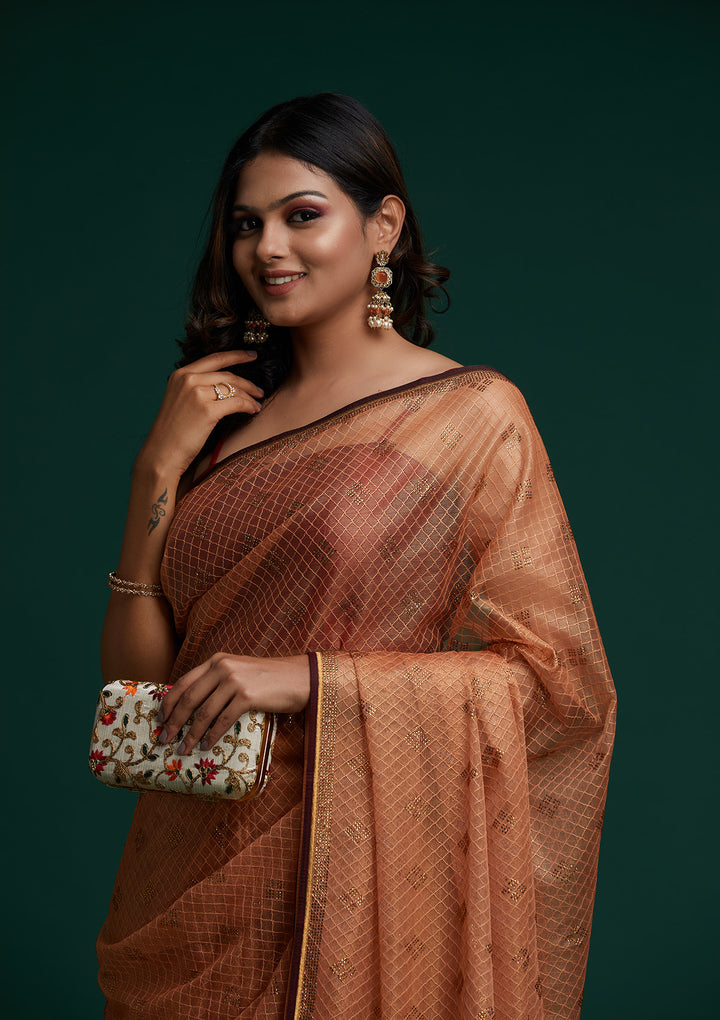 Peach Swarovski Net Saree - Koskii