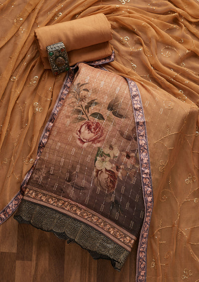 Peach Swarovski Semi Crepe Designer Unstitched Salwar Suit - Koskii