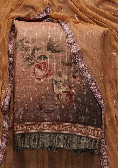 Peach Swarovski Semi Crepe Designer Unstitched Salwar Suit - Koskii