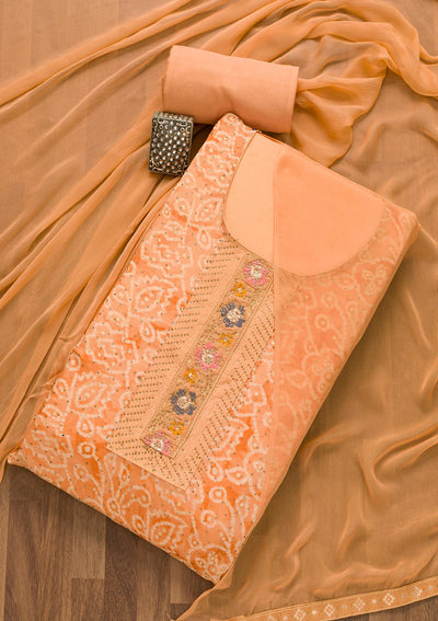 Peach Semi Crepe Swarovski Unstitched Salwar Suit-Koskii