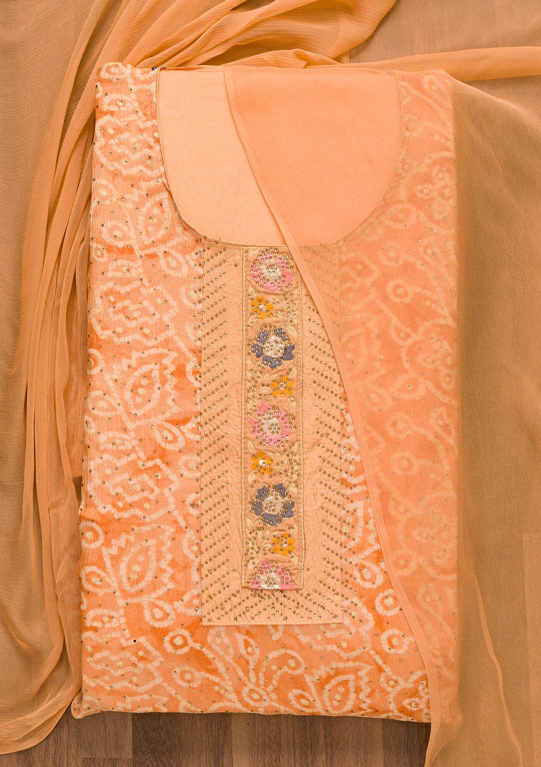 Peach Semi Crepe Swarovski Unstitched Salwar Suit-Koskii