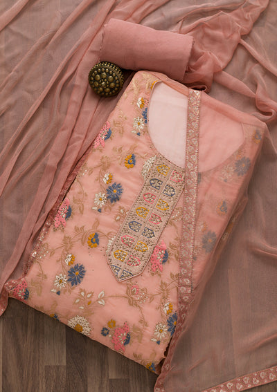 Peach Tissue Swarovski Unstitched Salwar Suit-Koskii