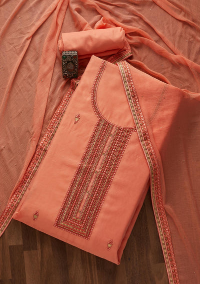 Peach Threadwork Chanderi Designer Unstitched Salwar Suit - Koskii