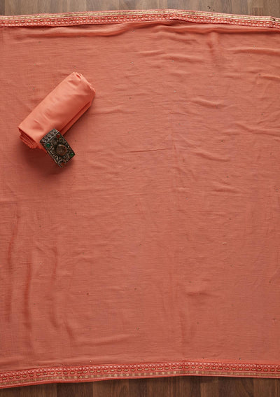 Peach Threadwork Chanderi Designer Unstitched Salwar Suit - Koskii
