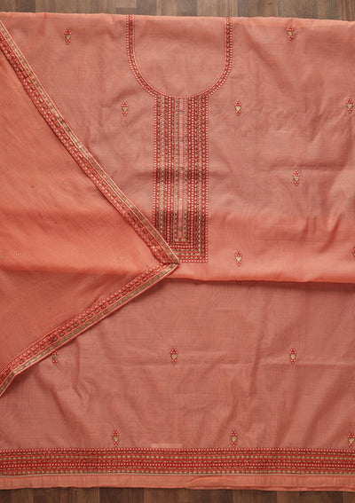 Peach Threadwork Chanderi Designer Unstitched Salwar Suit - Koskii