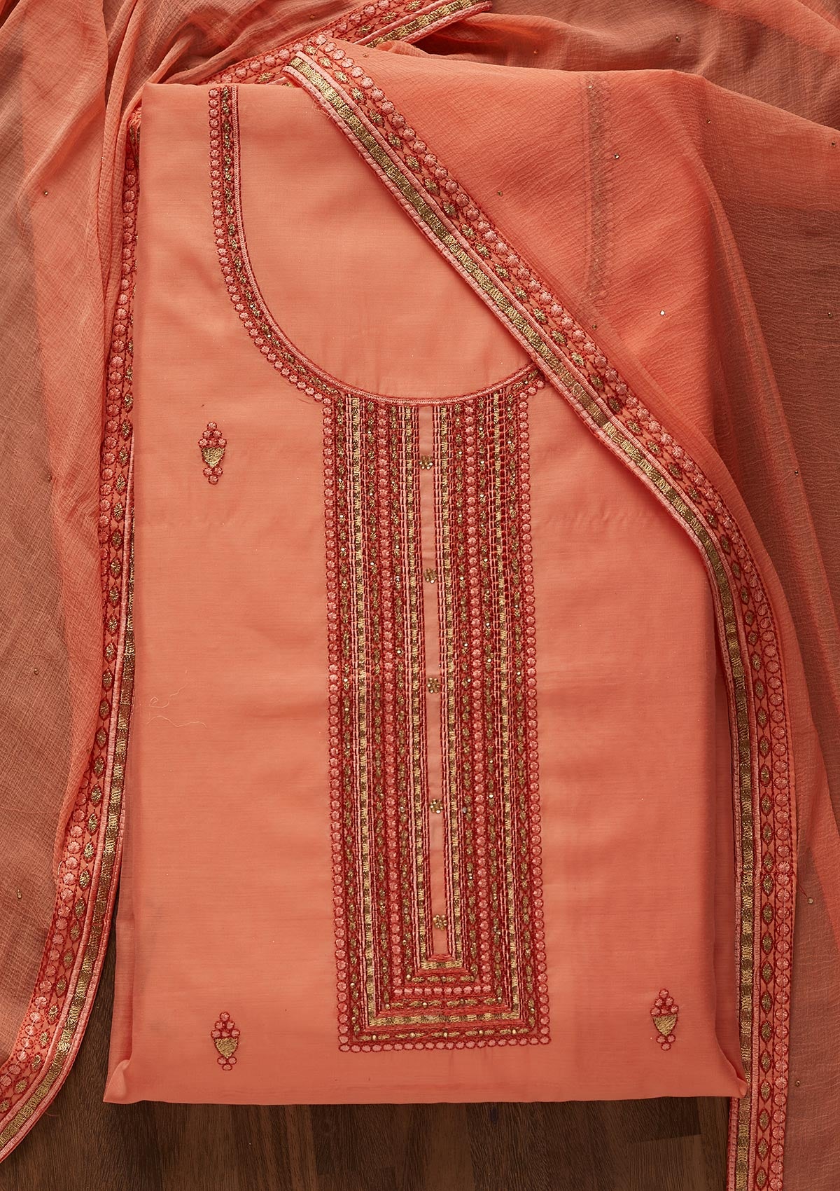 Peach Threadwork Chanderi Designer Unstitched Salwar Suit - Koskii