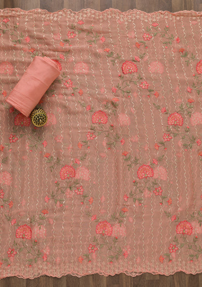 Peach Threadwork Chiffon Unstitched Salwar Suit-Koskii