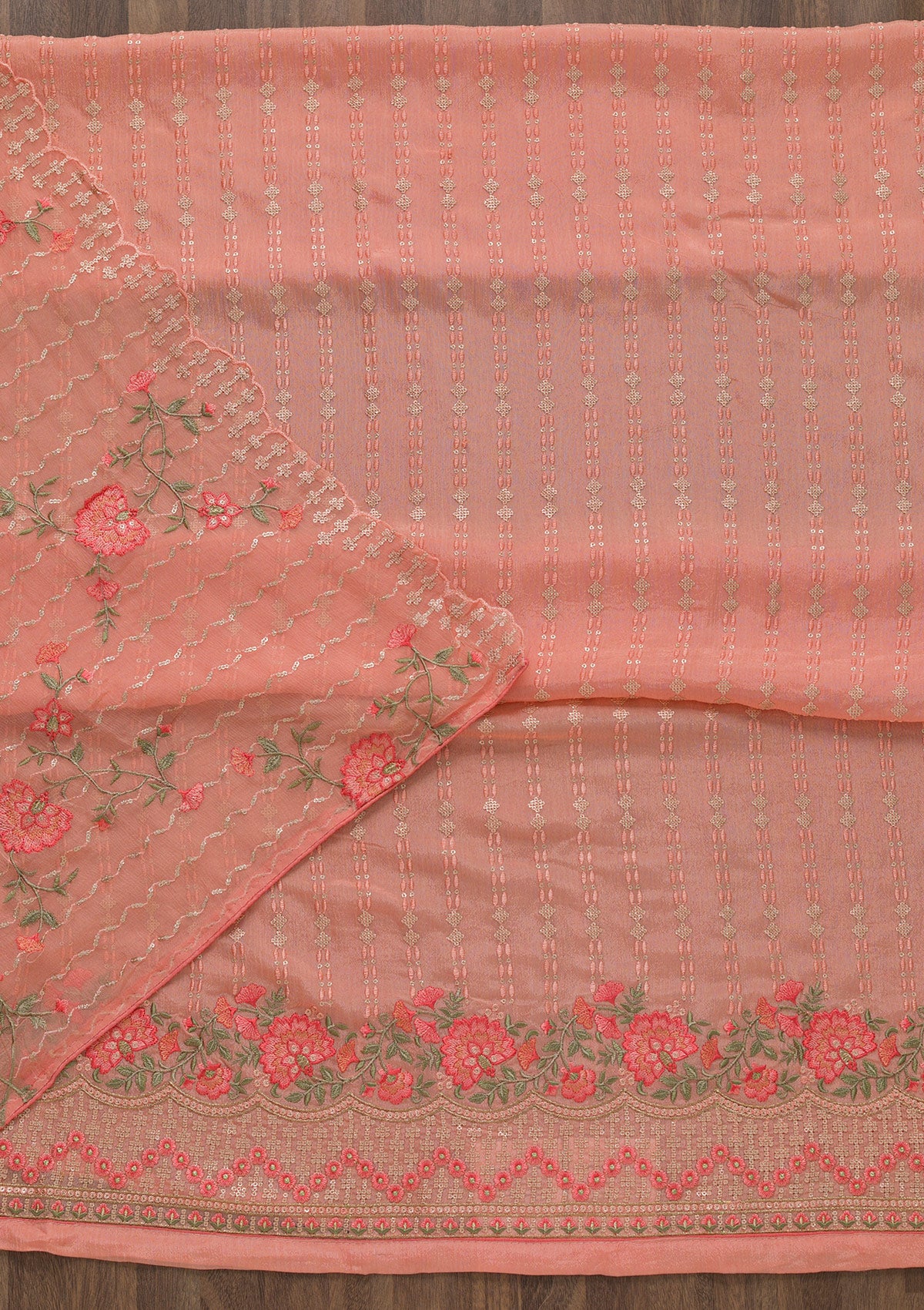 Peach Threadwork Chiffon Unstitched Salwar Suit-Koskii