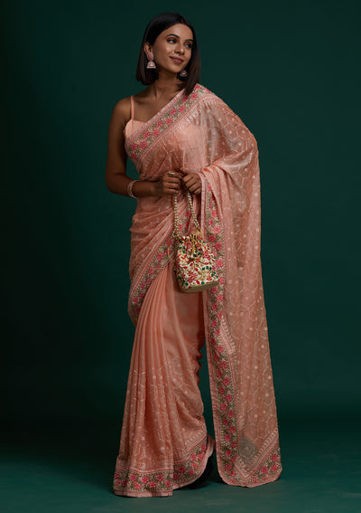 Peach Threadwork Chiffon Saree- Koskii