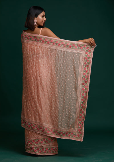 Peach Threadwork Chiffon Saree - Koskii