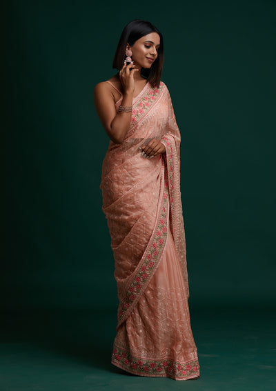 Peach Threadwork Chiffon Saree - Koskii