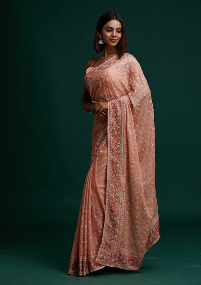 Peach Threadwork Chiffon Saree - Koskii