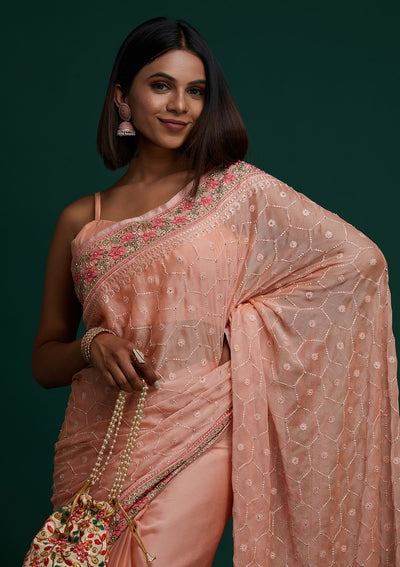 Peach Threadwork Chiffon Saree - Koskii