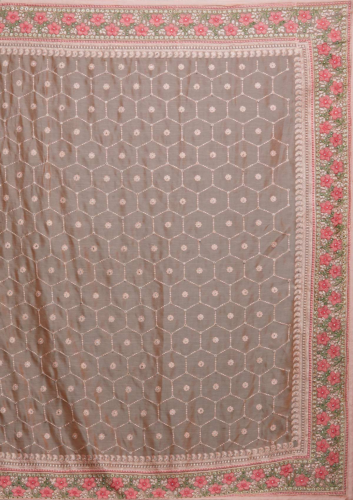Peach Threadwork Chiffon Saree - Koskii