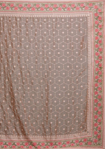 Peach Threadwork Chiffon Saree - Koskii