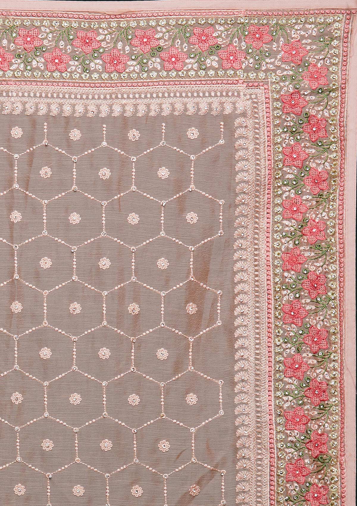 Peach Threadwork Chiffon Saree - Koskii