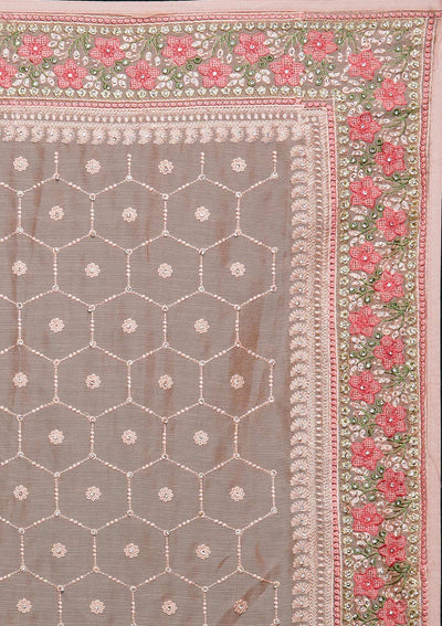 Peach Threadwork Chiffon Saree - Koskii