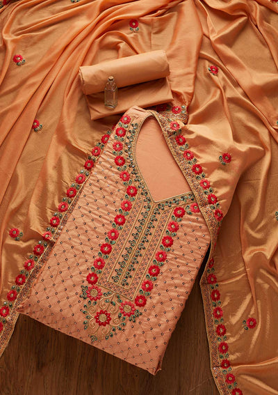 Peach Threadwork Cotton Designer Semi-Stitched Salwar Suit - koskii