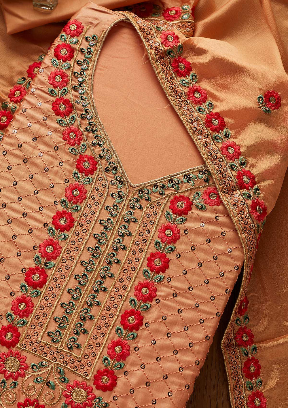 Peach Threadwork Cotton Designer Semi-Stitched Salwar Suit - koskii