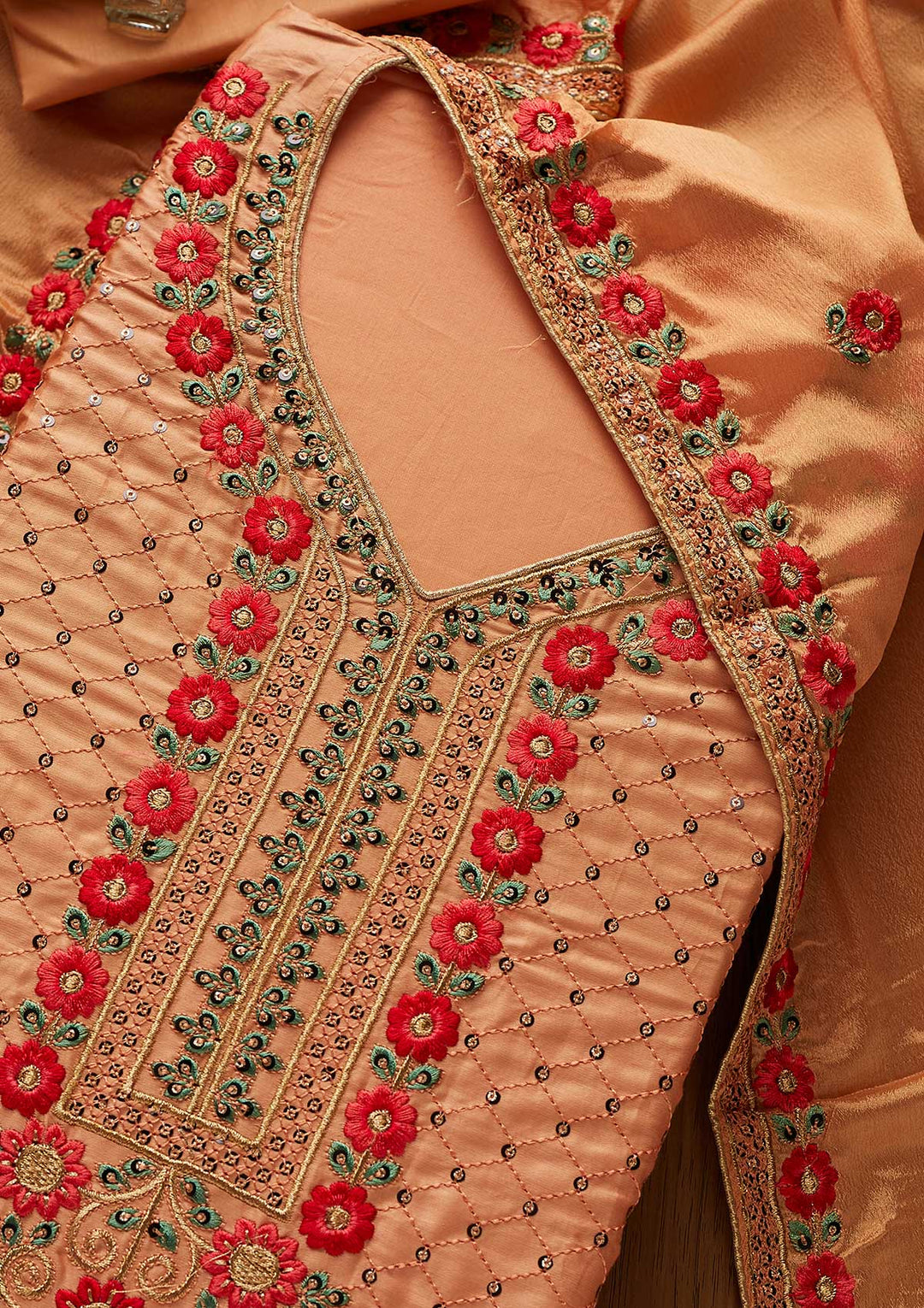 Peach Threadwork Cotton Designer Semi-Stitched Salwar Suit - koskii