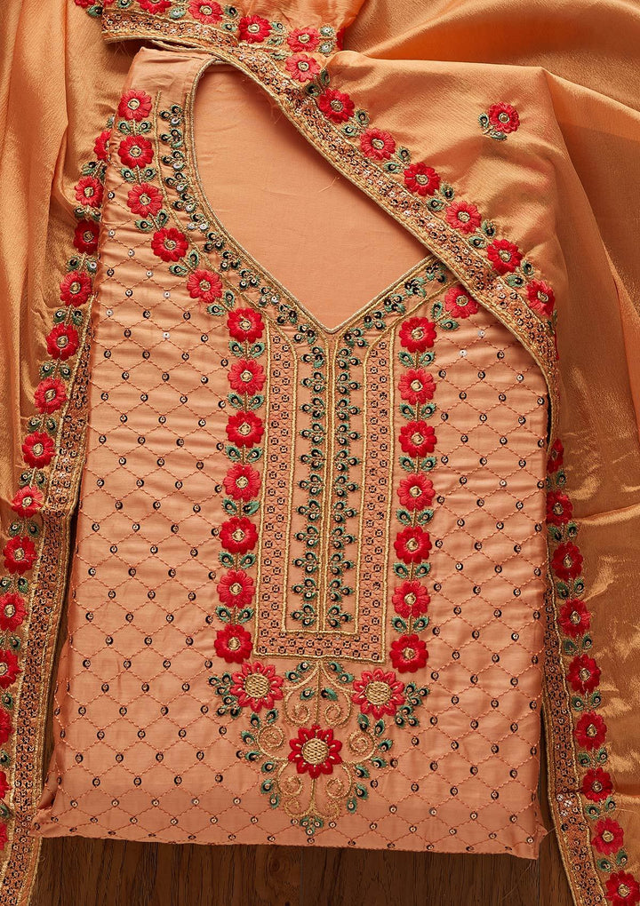 Peach Threadwork Cotton Designer Semi-Stitched Salwar Suit - koskii