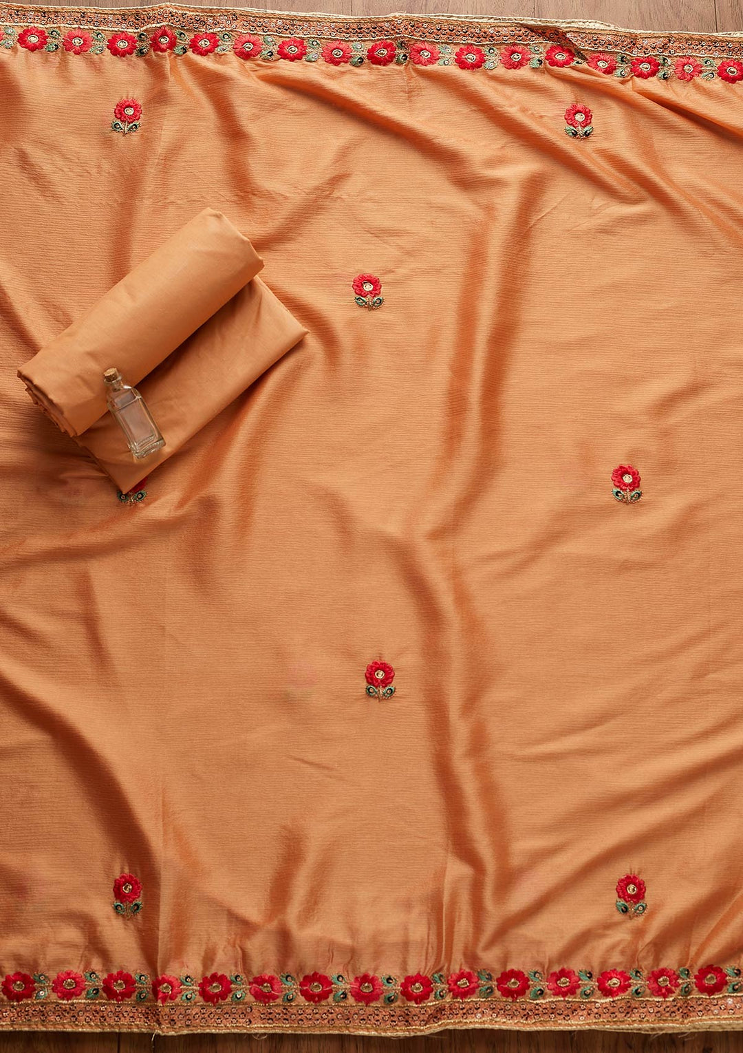 Peach Threadwork Cotton Designer Semi-Stitched Salwar Suit - koskii