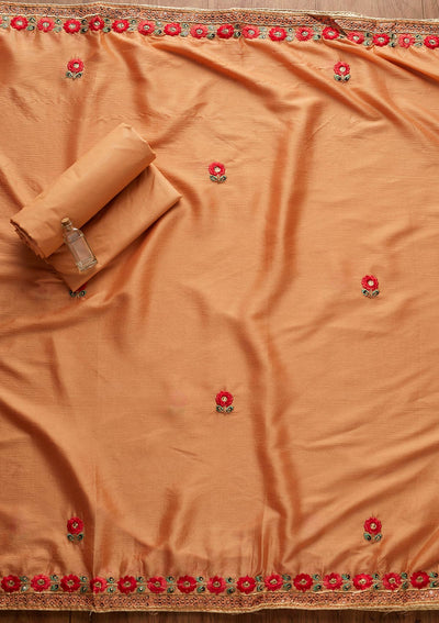 Peach Threadwork Cotton Designer Semi-Stitched Salwar Suit - koskii