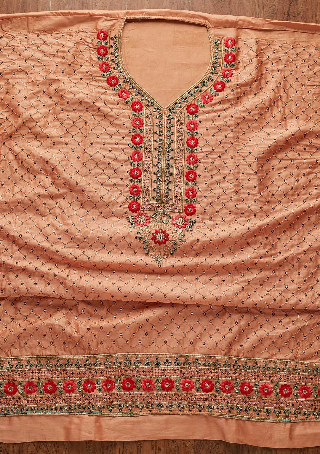 Peach Threadwork Cotton Designer Semi-Stitched Salwar Suit - koskii