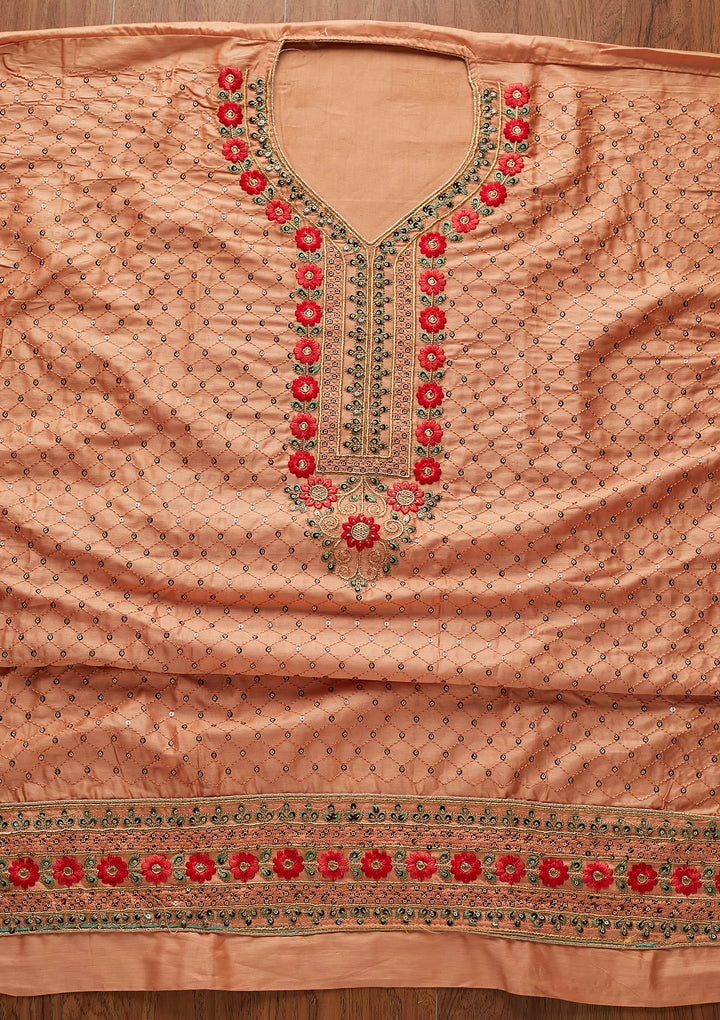 Peach Threadwork Cotton Designer Semi-Stitched Salwar Suit - koskii