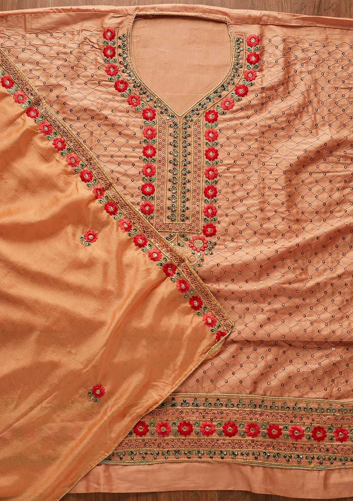 Peach Threadwork Cotton Designer Semi-Stitched Salwar Suit - koskii