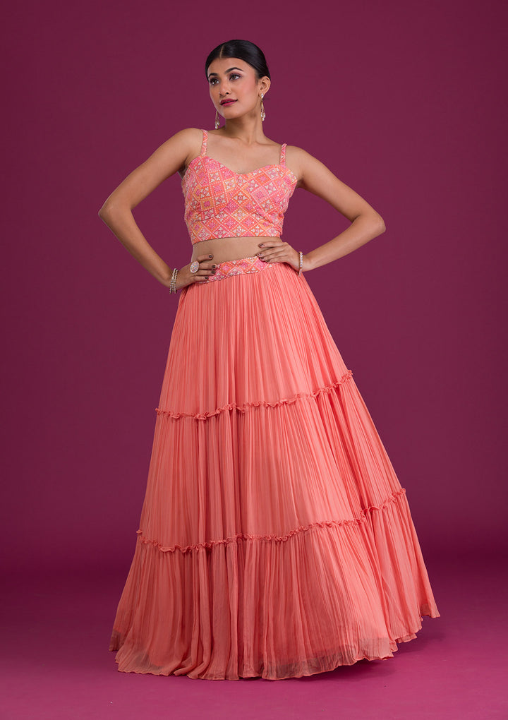 Peach Threadwork Georgette Readymade Lehenga-Koskii