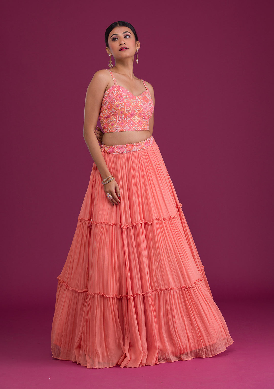 Peach Threadwork Georgette Readymade Lehenga-Koskii