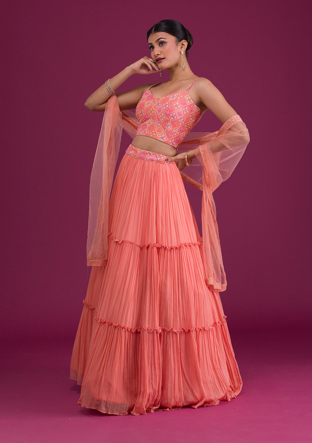 Peach Threadwork Georgette Readymade Lehenga-Koskii