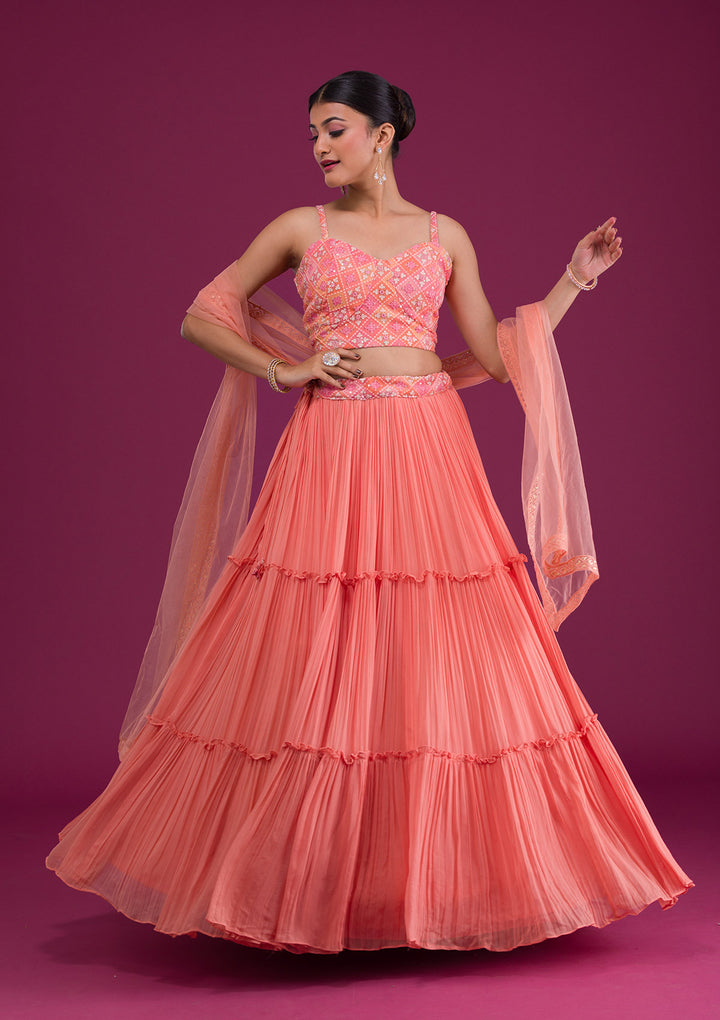 Peach Threadwork Georgette Readymade Lehenga-Koskii