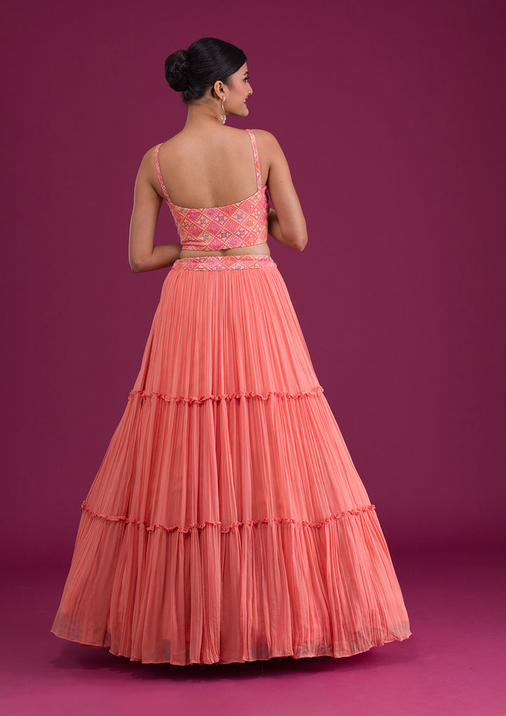 Peach Threadwork Georgette Readymade Lehenga-Koskii