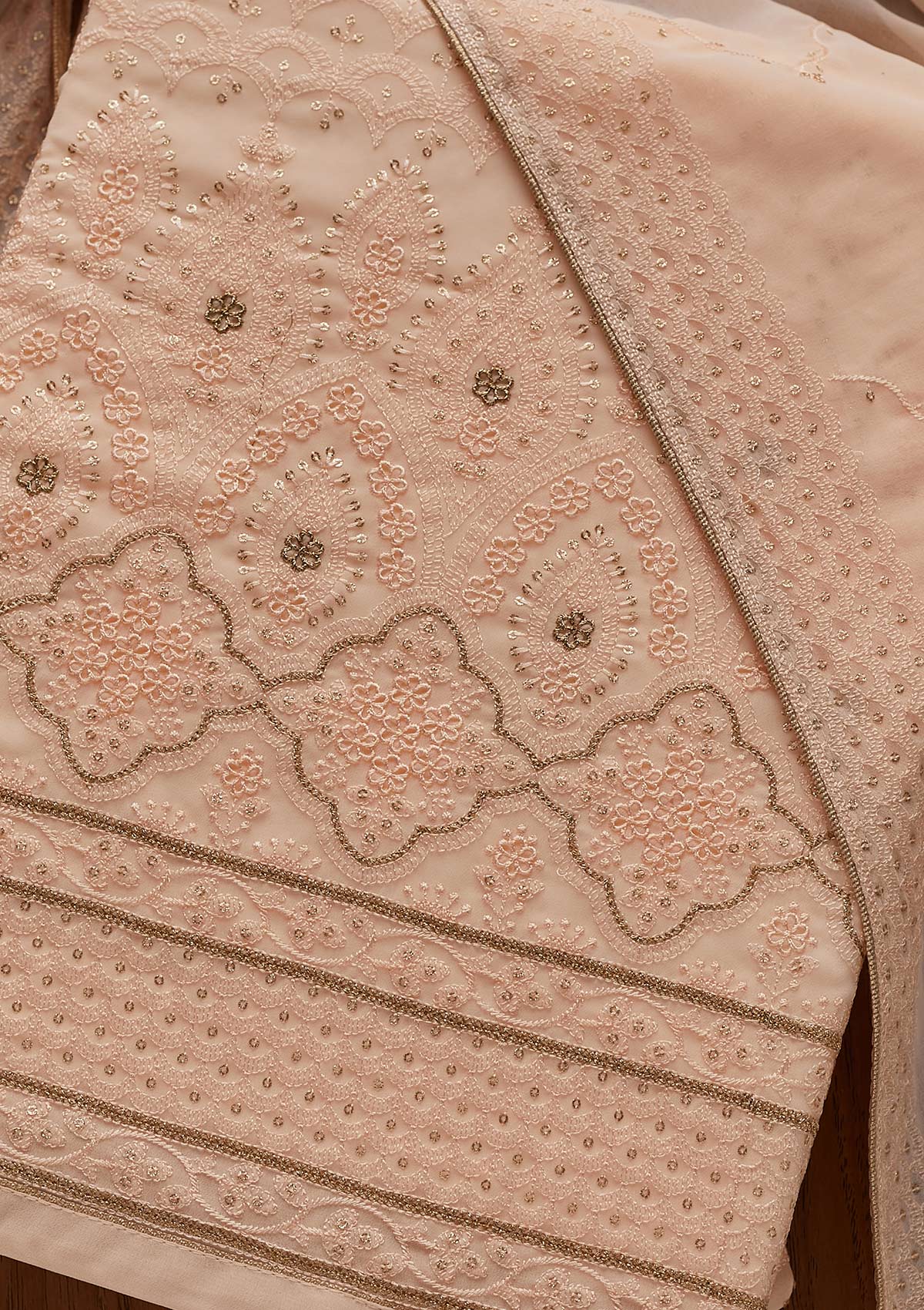 Peach Threadwork Georgette Designer Semi-Stitched Salwar Suit - Koskii