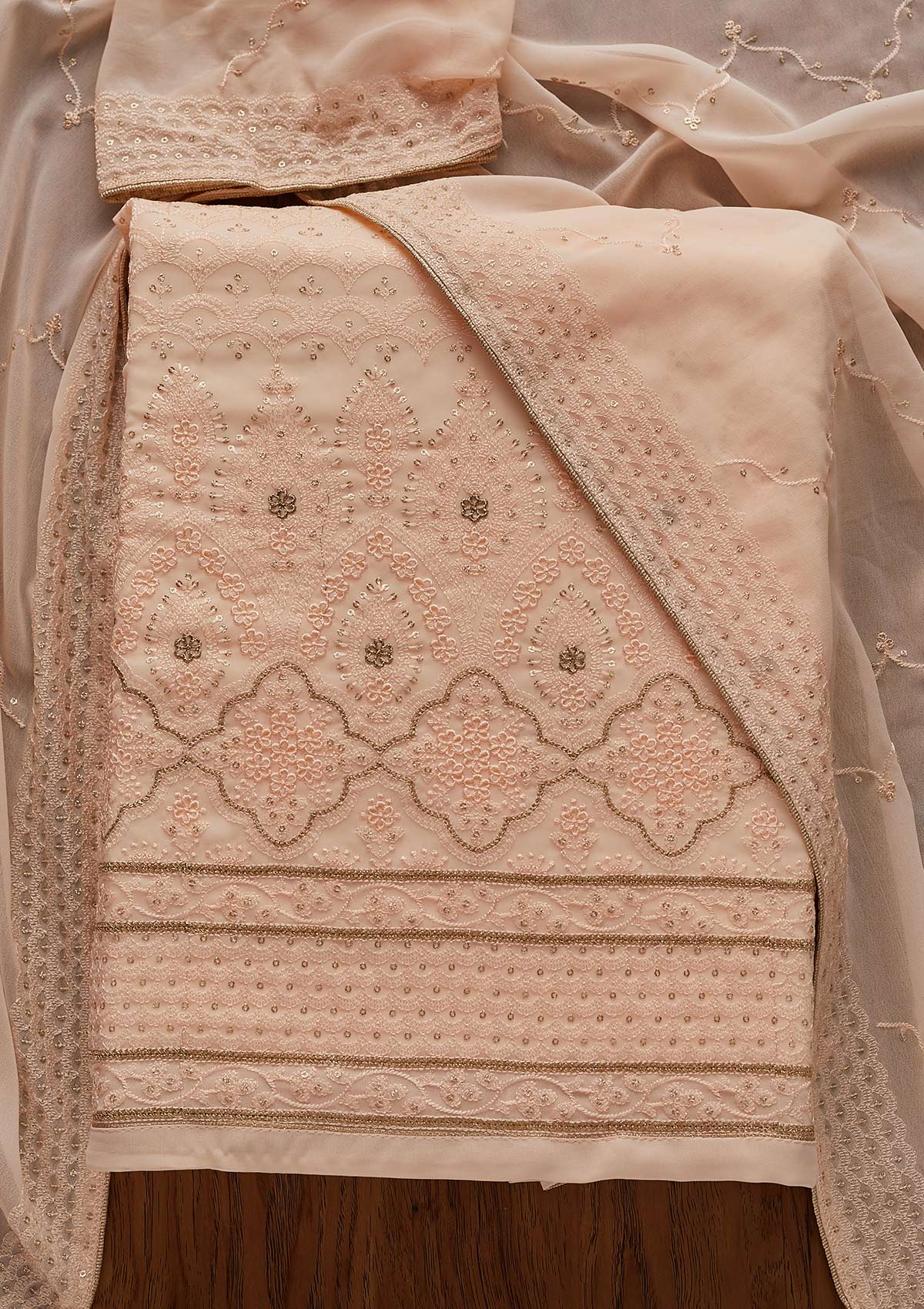 Peach Threadwork Georgette Designer Semi-Stitched Salwar Suit - Koskii