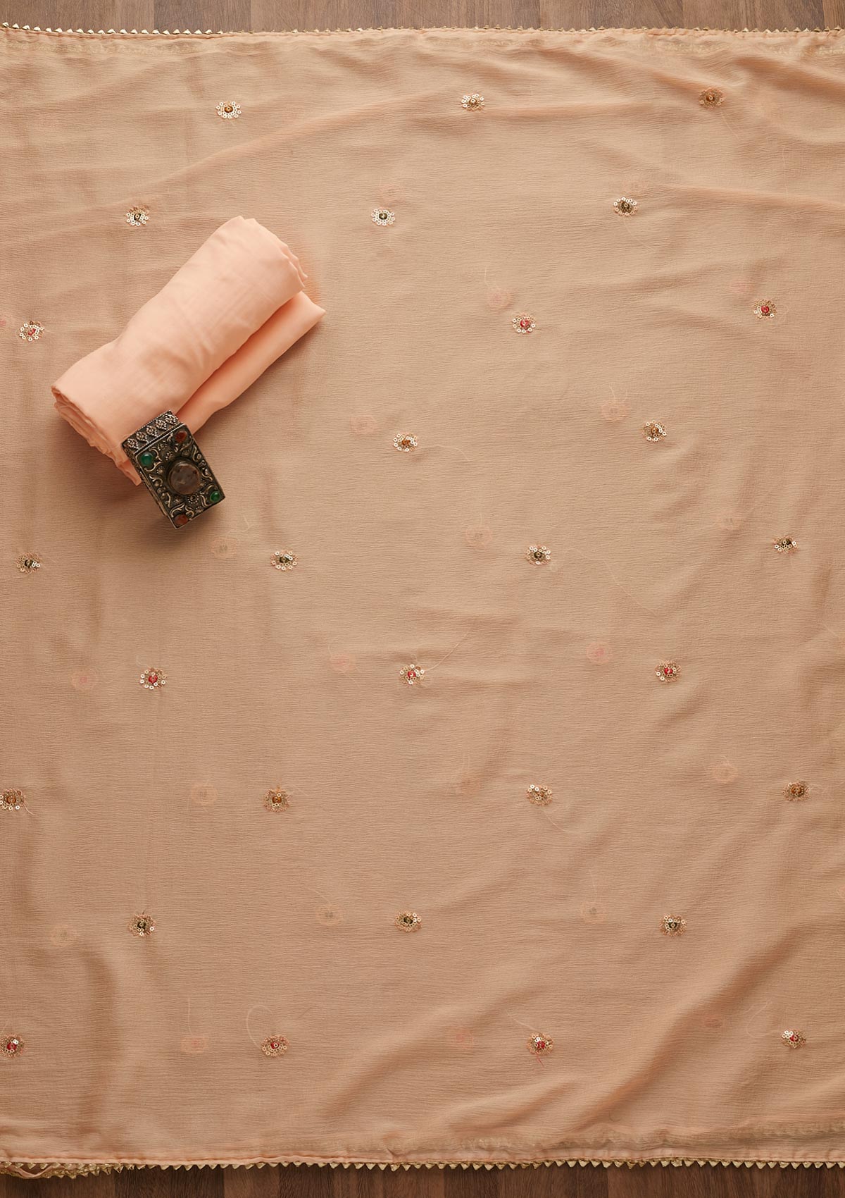 Peach Threadwork Georgette Semi-Stitched Salwar Suit-Koskii
