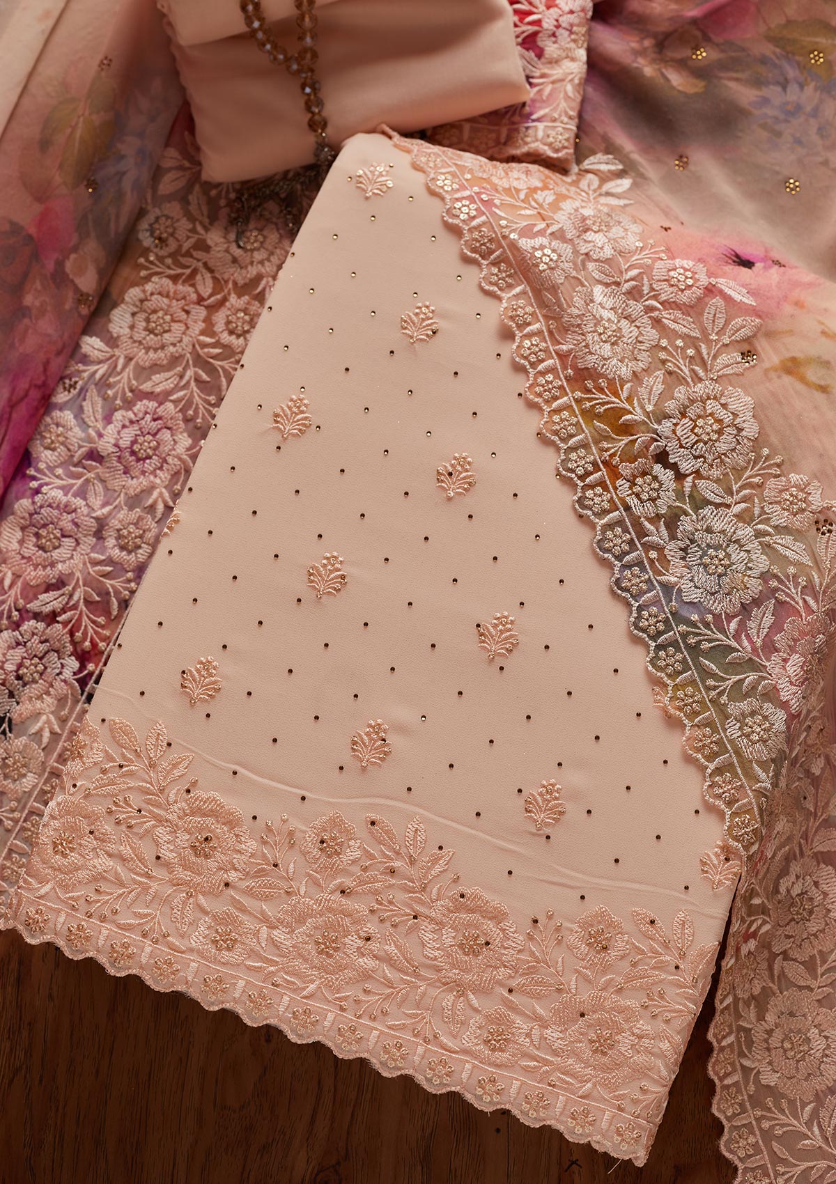 Peach Threadwork Georgette Designer Unstitched Salwar Suit - koskii