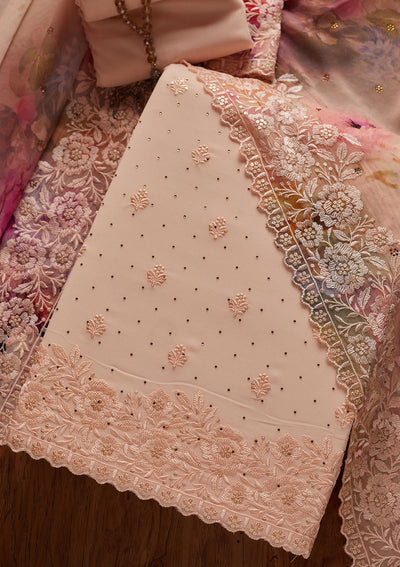 Peach Threadwork Georgette Designer Unstitched Salwar Suit - koskii