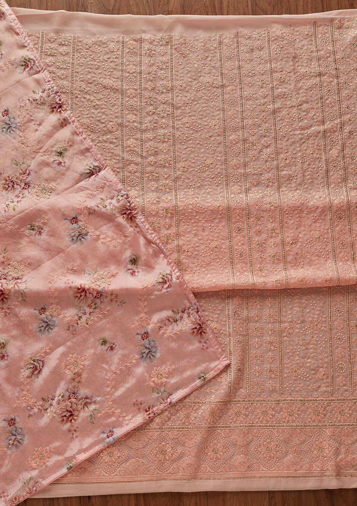 Peach Threadwork Georgette Designer Unstitched Salwar Suit - koskii