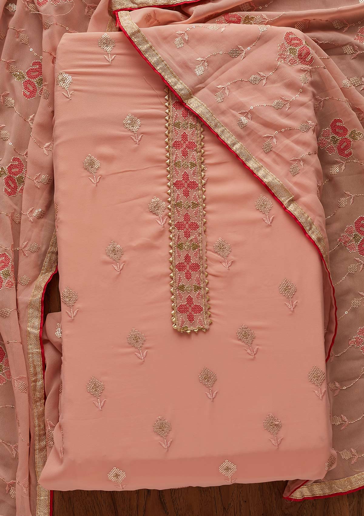Peach Threadwork Georgette Designer Semi-Stitched Salwar Suit - Koskii
