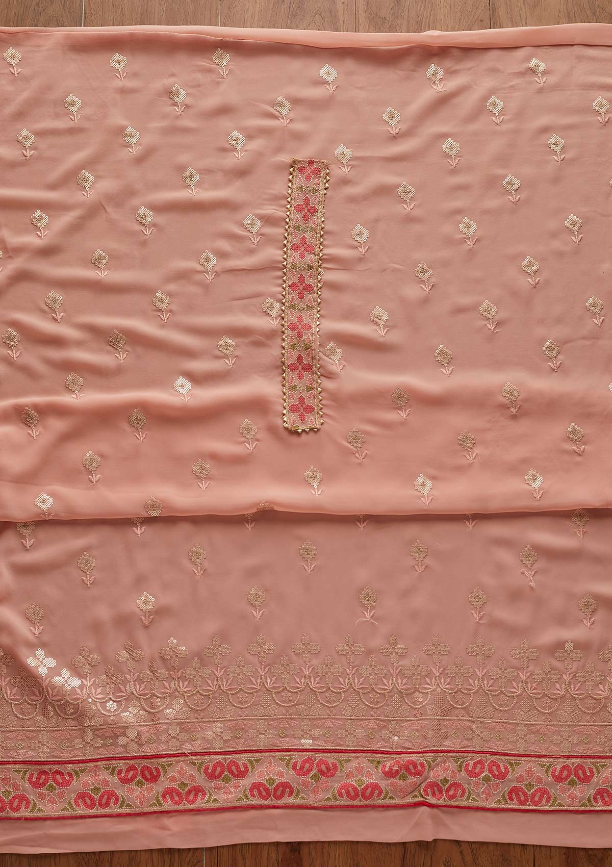 Peach Threadwork Georgette Designer Semi-Stitched Salwar Suit - Koskii