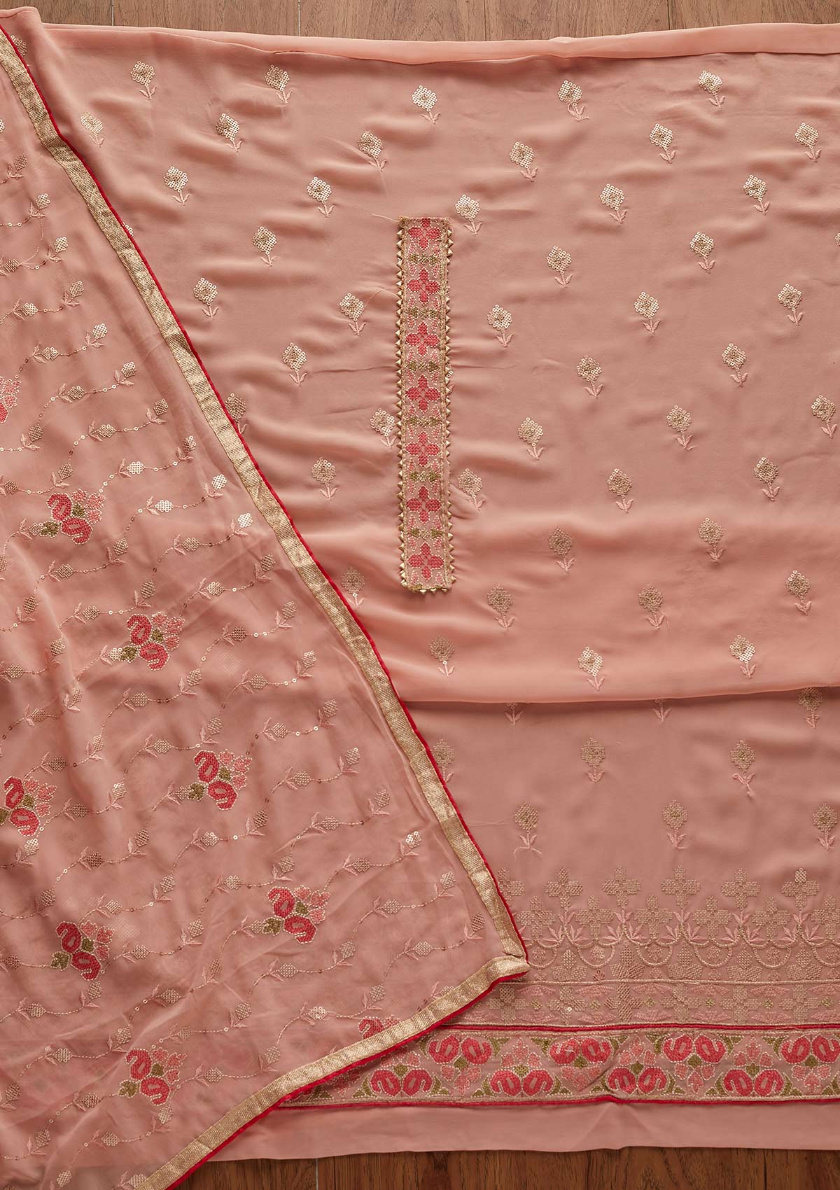 Peach Threadwork Georgette Designer Semi-Stitched Salwar Suit - Koskii