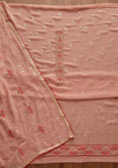 Peach Threadwork Georgette Designer Semi-Stitched Salwar Suit - Koskii