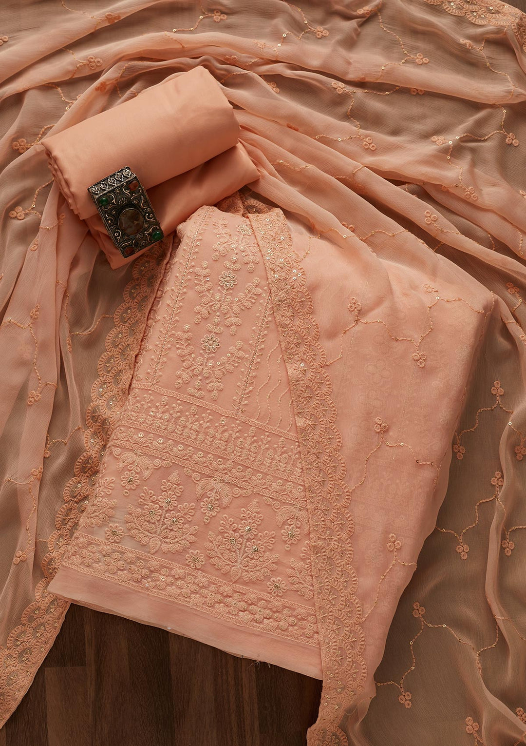 Peach Threadwork Georgette Designer Unstitched Salwar Suit - Koskii