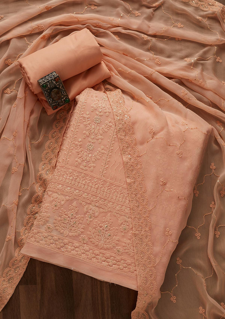 Peach Threadwork Georgette Designer Unstitched Salwar Suit - Koskii
